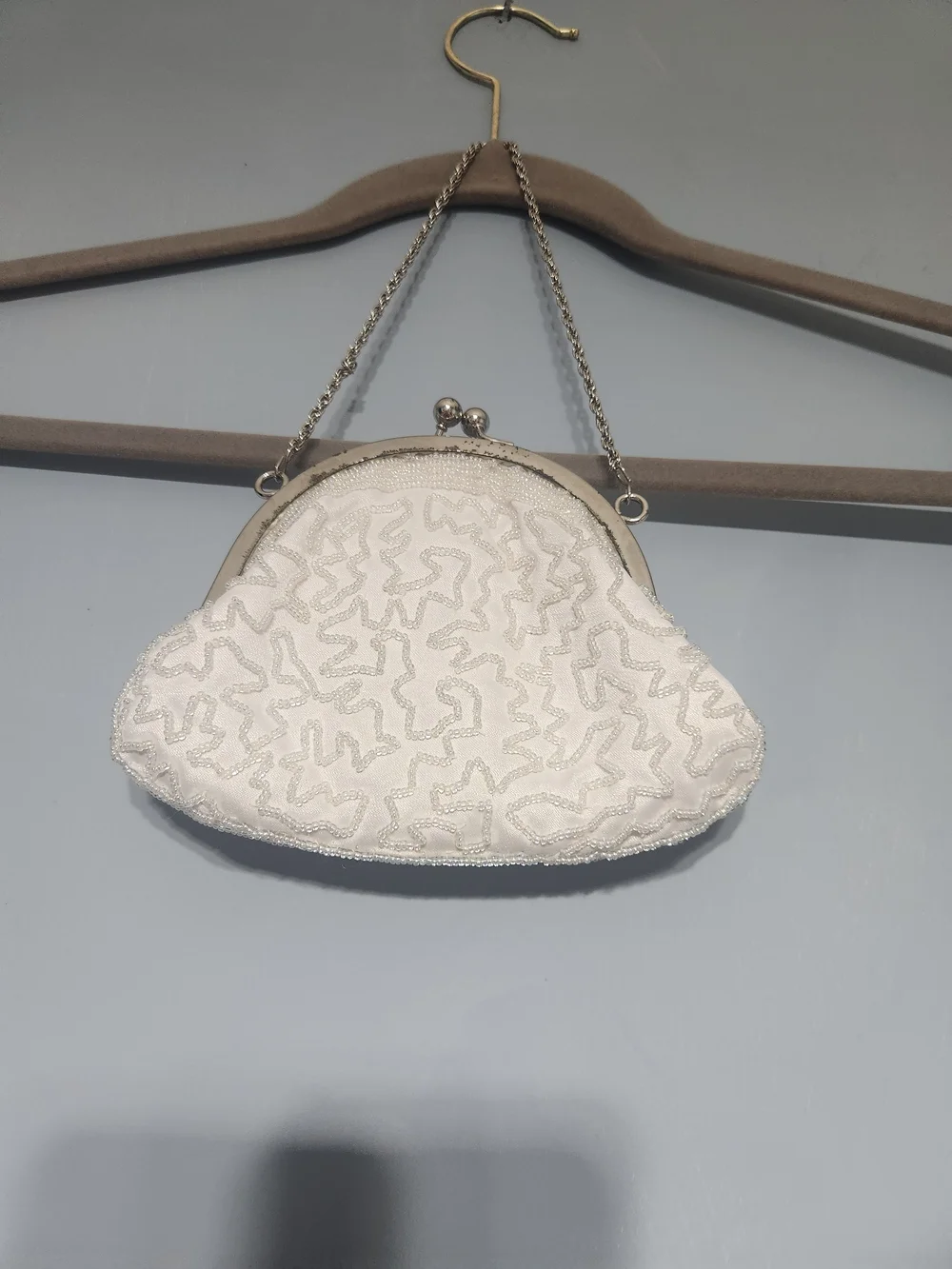 Vintage La Regale Purse White Beaded Evening Clutch, Chain Strap, Kiss Lock